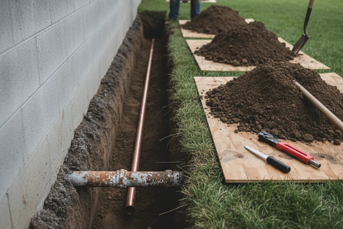 Excavated water line trench during Sewer Line Repair in Geyserville